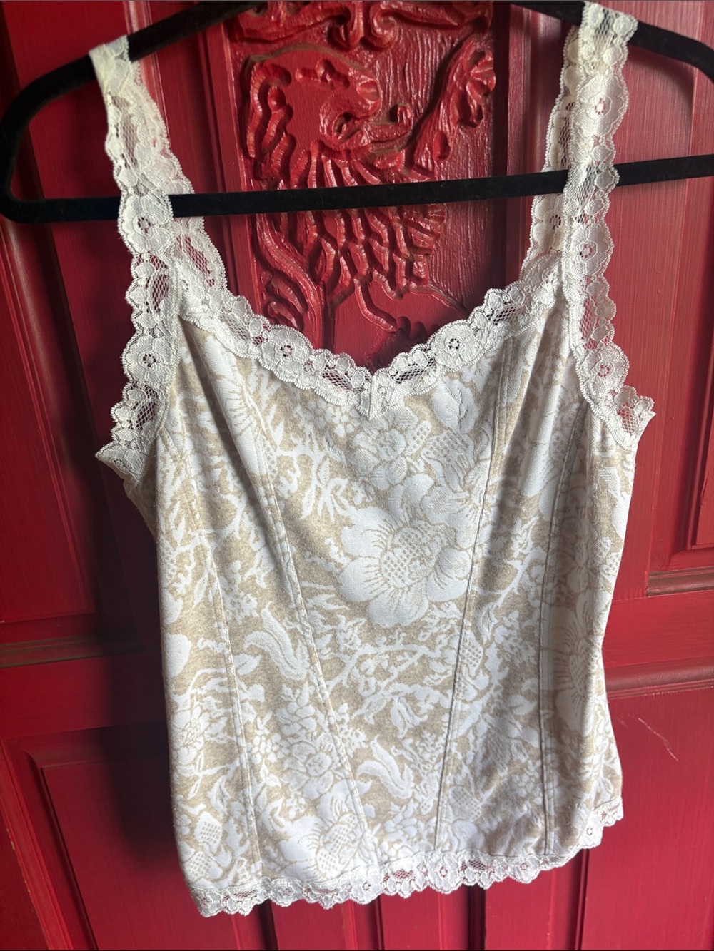 White House Black Market Lace Trim Floral Tank Top in Cream and Beige